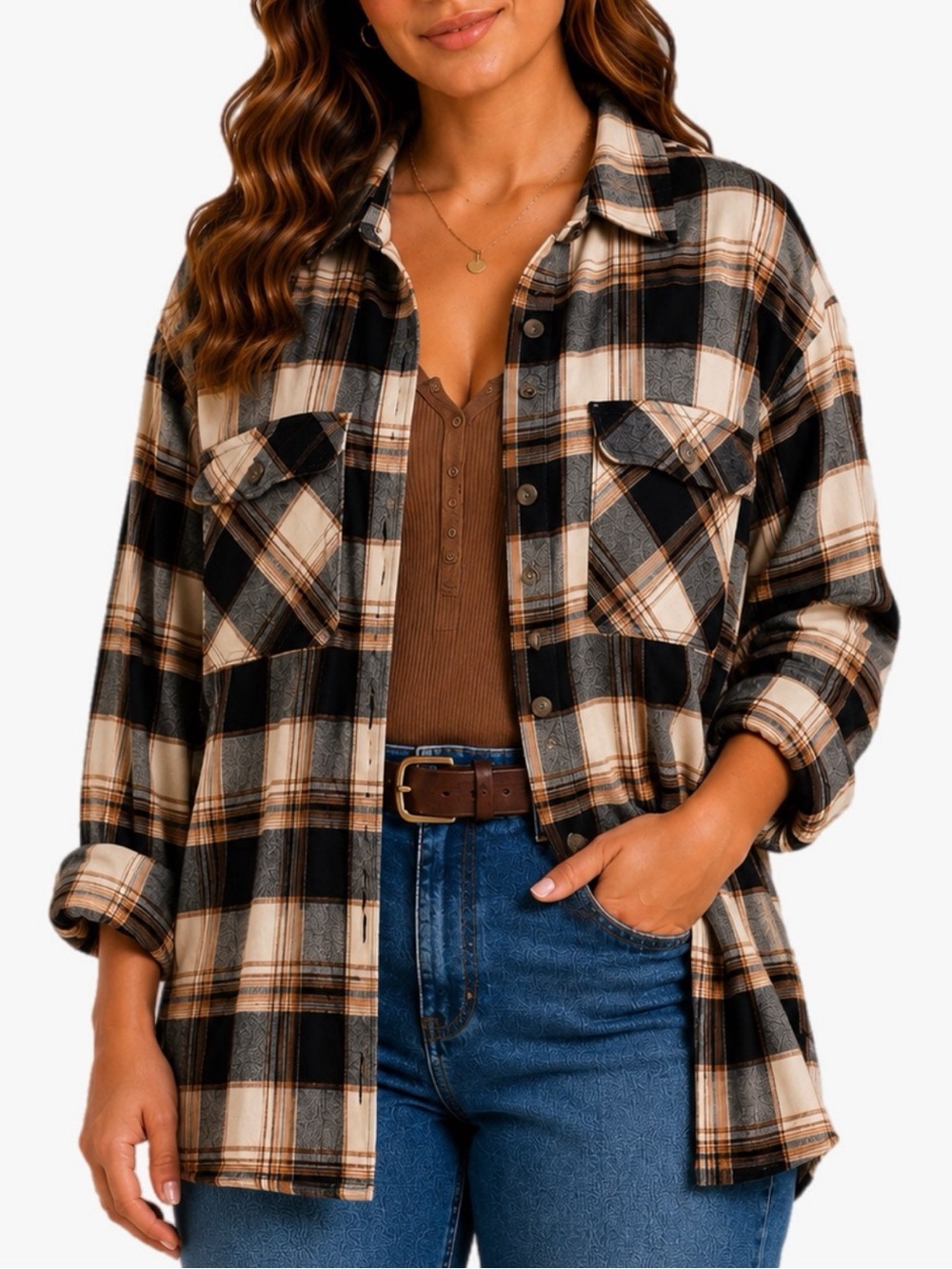 Eden & Olivia Neutral Plaid Sherpa Lined Flannel Button Down Women’s Plus Sz 2X